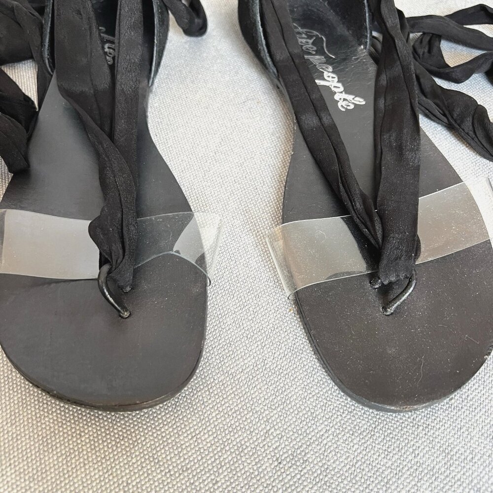 FREE PEOPLE $80 Black Barcelona Tie Sandals 38 Boho Suede Ankle Wrap Flat - Picture 5 of 8